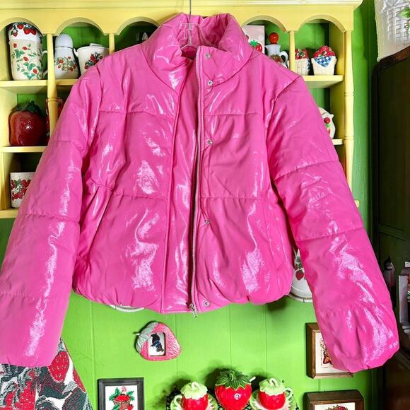 cute bubble gum coquettecore pink plus size shiny puffy puffer coat jacket - Picture 2 of 7